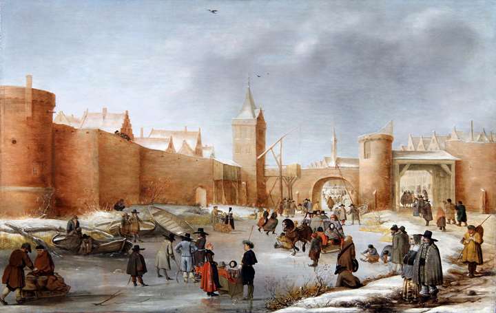 Skaters, Kolf players, elegant ladies and gentlemen, children playing, a horse-drawn sledge and ice-bound boats on a frozen moat, outside the walls of IJsselstein